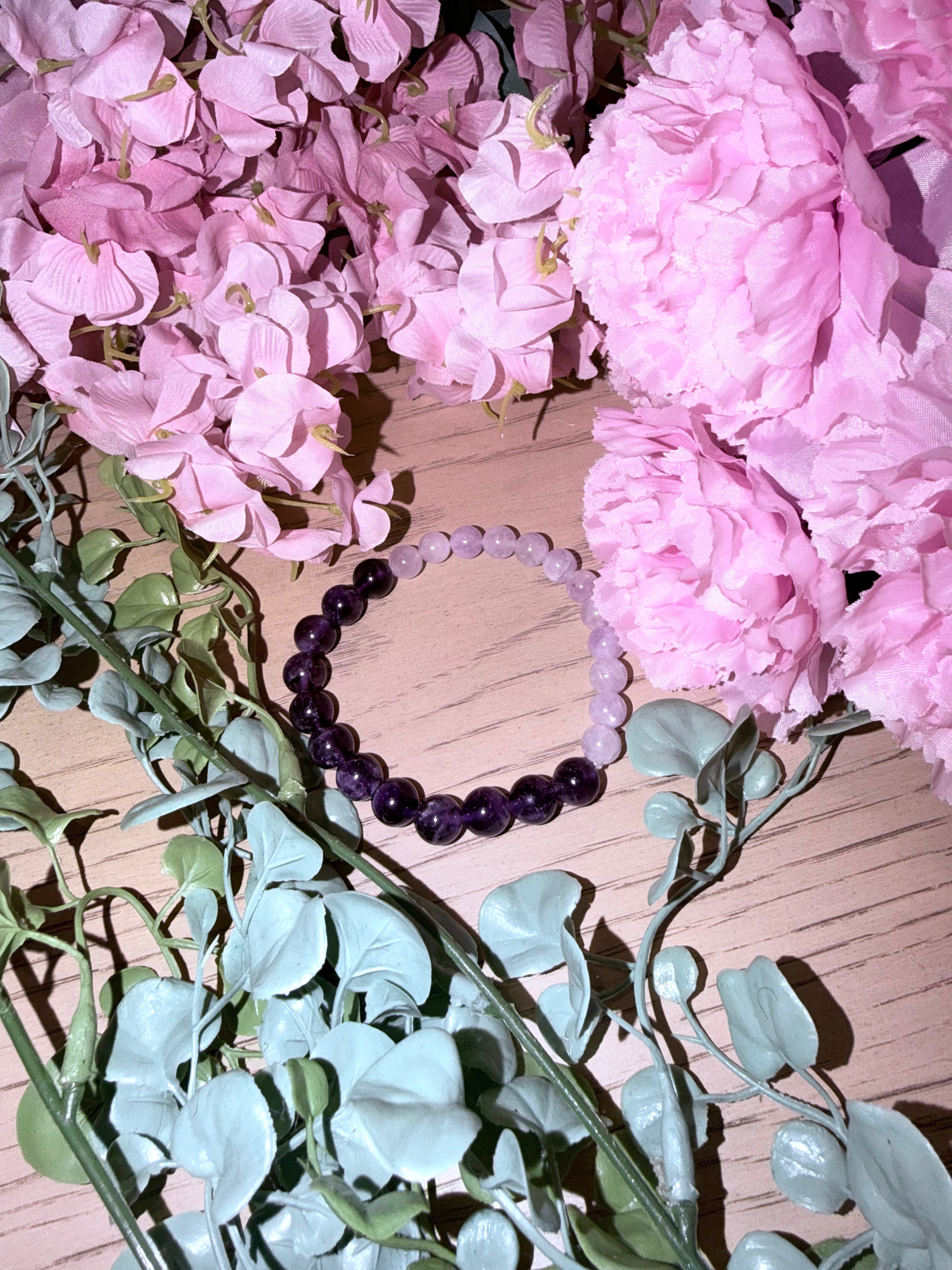 handmade amethyst and lavender amethyst crystal bracelet for peace, calm, and emotional balance